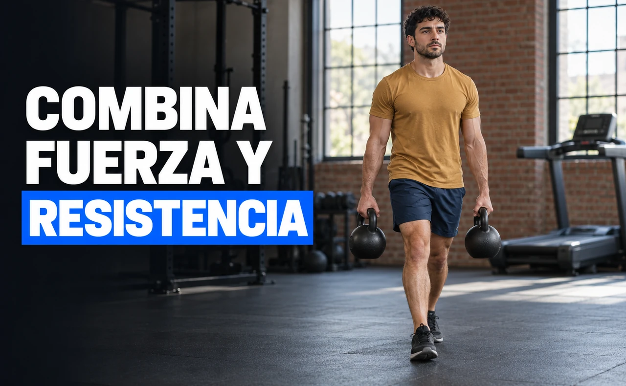 Deportista joven caminando con una pesa rusa en cada mano en una sala con cinta de correr, con el titular «Combina fuerza y resistencia».
