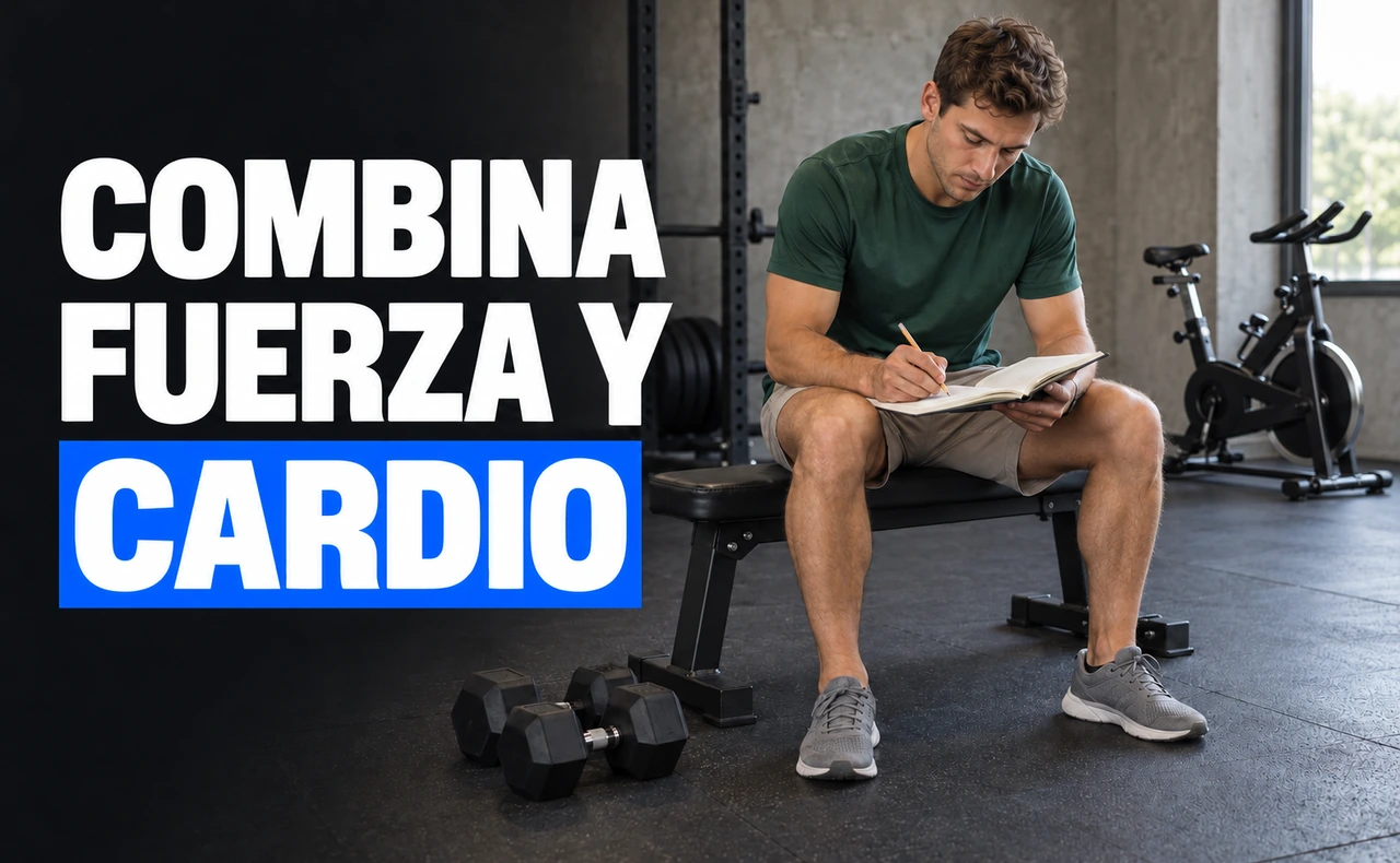 Deportista joven anotando su planificación en un banco de gimnasio, con mancuernas y una bicicleta estática al lado, junto al titular «Combina fuerza y cardio».