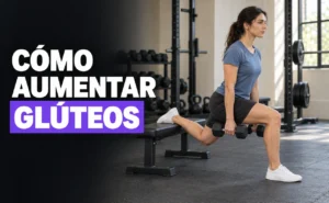 Deportista joven realizando una sentadilla búlgara con mancuernas, junto al titular «Cómo aumentar glúteos».