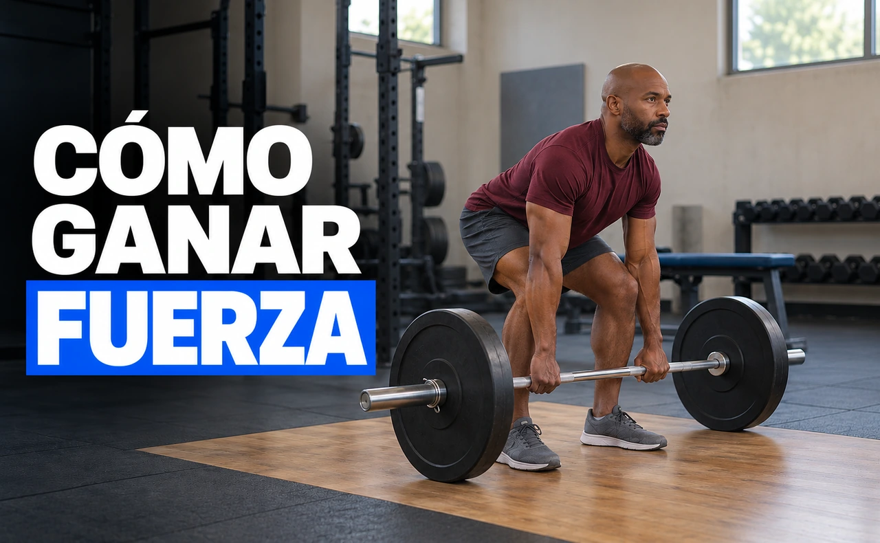 Hombre realizando un peso muerto con barra sobre una plataforma de madera en un gimnasio, junto al titular «Cómo ganar fuerza».