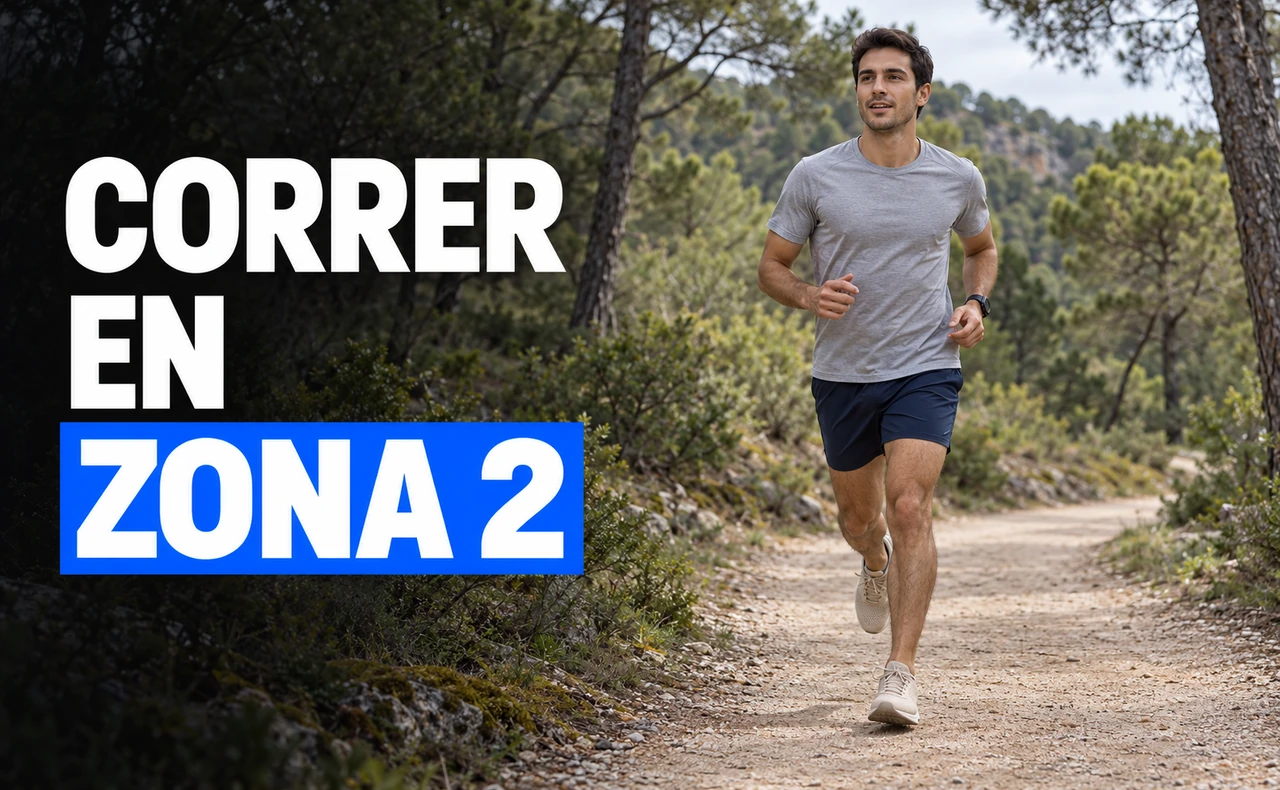 Corredor joven con camiseta gris y pantalón azul trotando por un sendero entre pinos, junto al titular «Correr en zona 2».