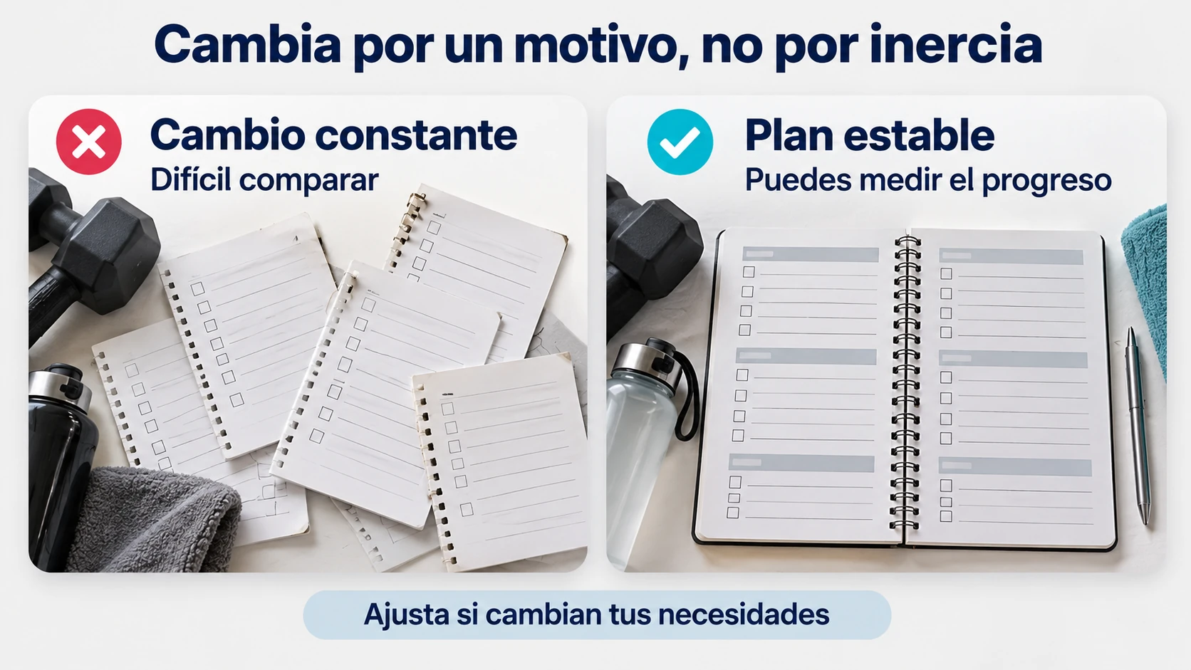 Una comparación muestra que cambiar ejercicios constantemente dificulta comparar el rendimiento y que un plan estable facilita su seguimiento.