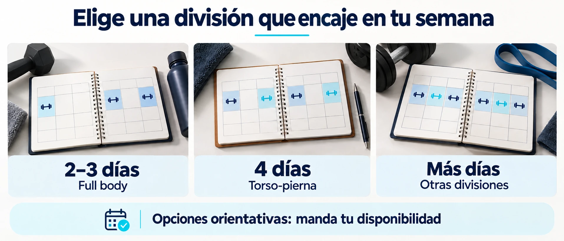 Tres opciones orientativas relacionan los días disponibles con una rutina full body, torso-pierna u otras divisiones.