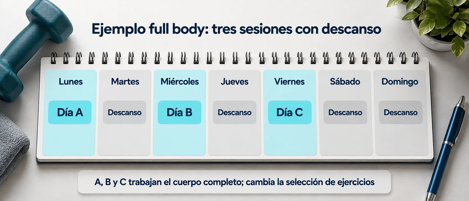 Un calendario sitúa las sesiones full body A, B y C en lunes, miércoles y viernes y deja descanso entre ellas.