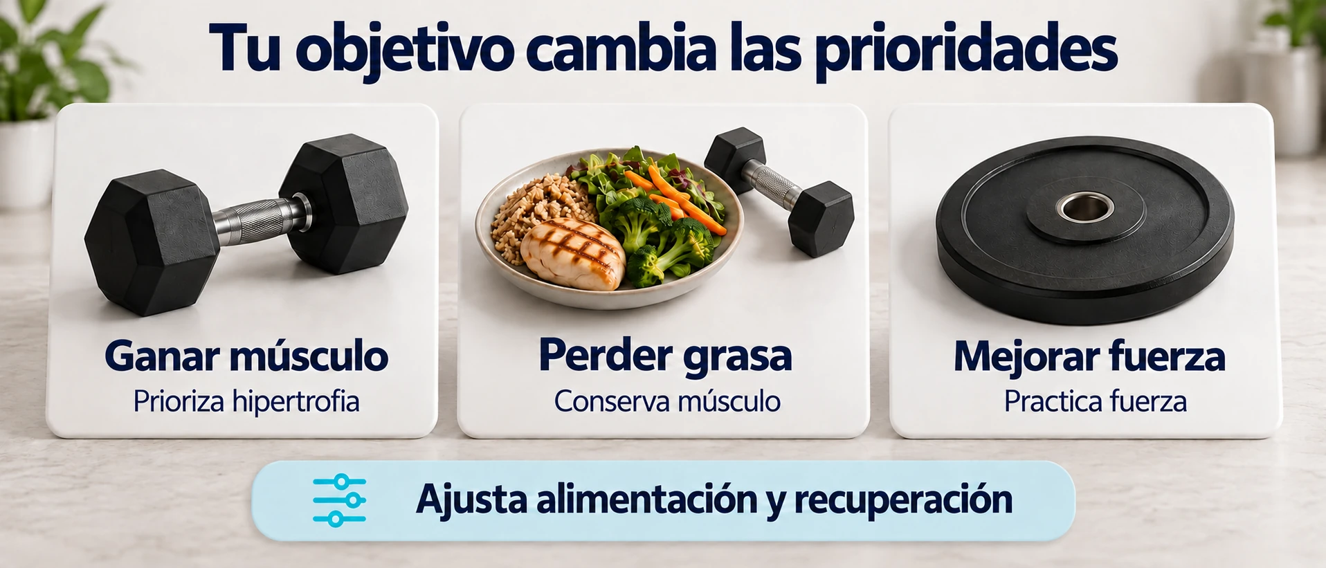 Tres objetivos de una rutina de gimnasio orientan las prioridades: ganar músculo, perder grasa y mejorar la fuerza.