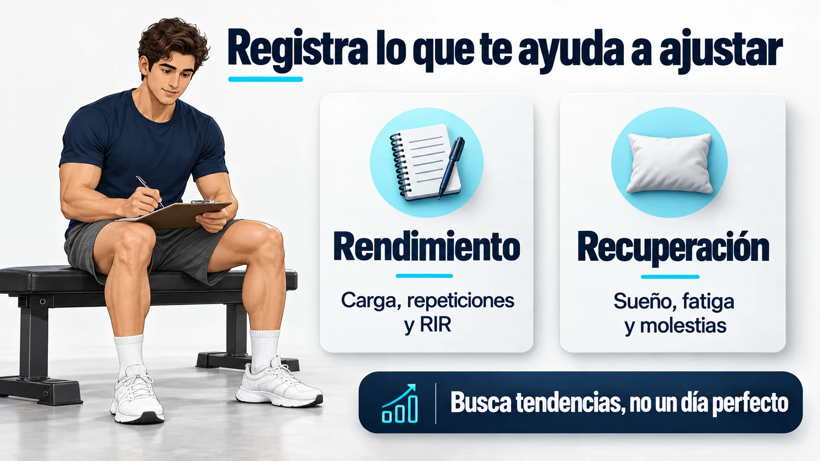 El Alumno masculino registra su entrenamiento y dos tarjetas separan rendimiento y recuperación para orientar ajustes.