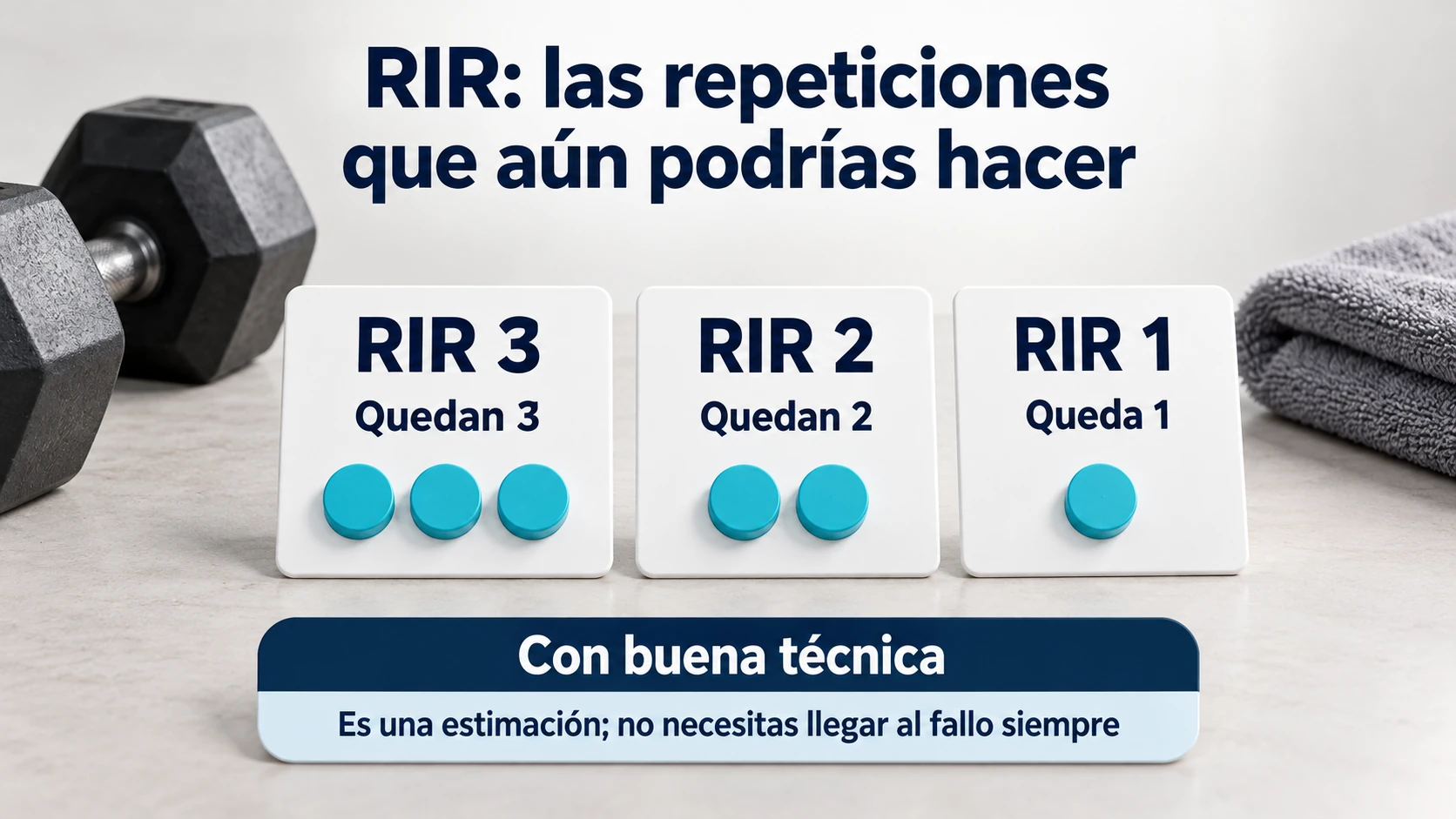 Tres tarjetas explican RIR 3, RIR 2 y RIR 1 como estimaciones de las repeticiones que quedan con buena técnica.
