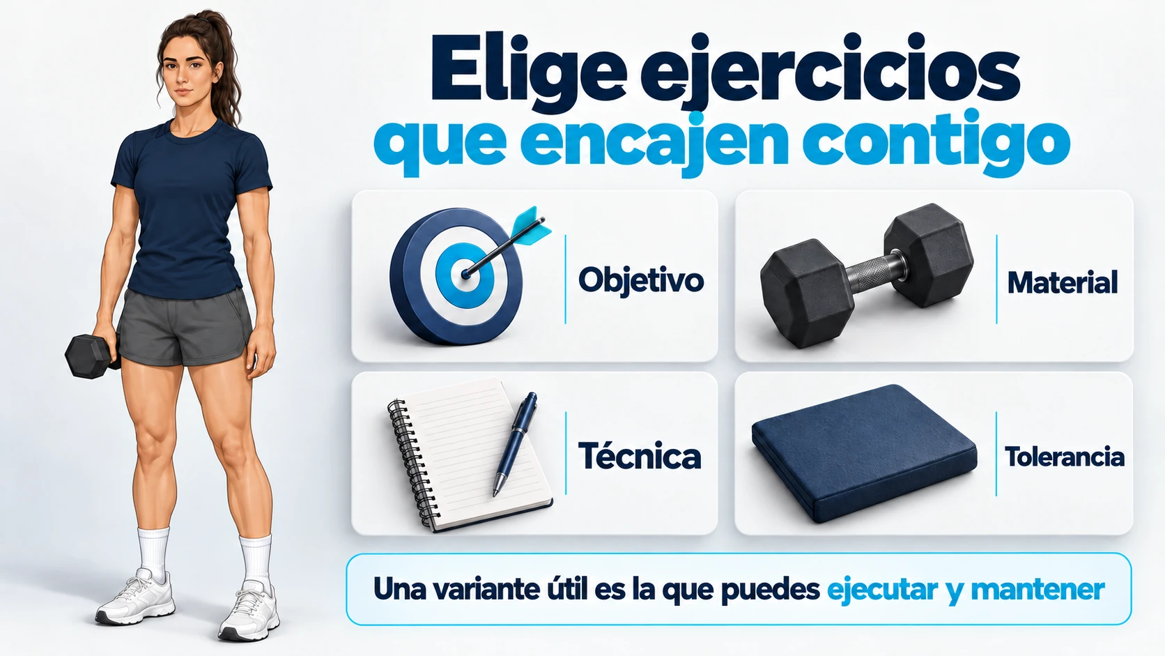 La Alumna femenina acompaña cuatro criterios para seleccionar ejercicios: objetivo, material, técnica y tolerancia.