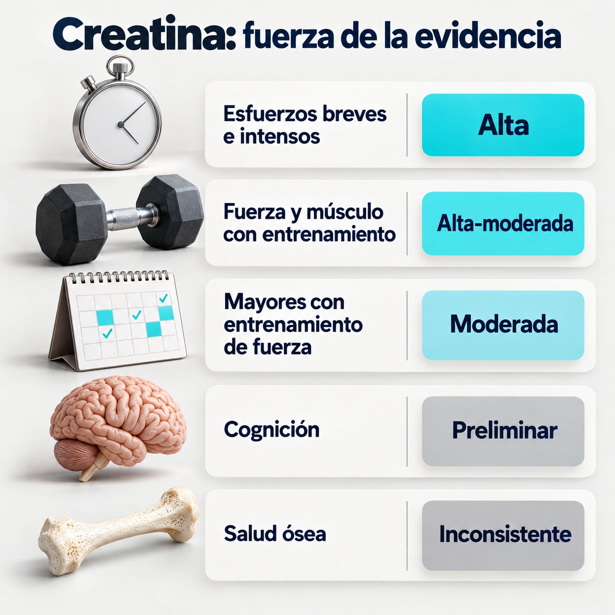 Nivel de evidencia de los principales usos de la creatina, desde rendimiento intenso hasta cognición y salud ósea.