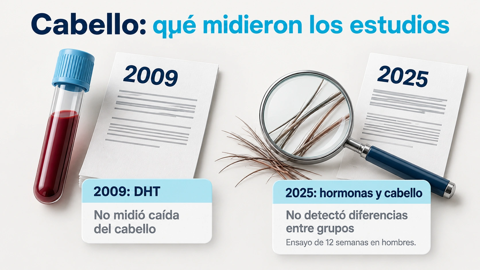 Un estudio hormonal de 2009 no midió caída del cabello; un ensayo de 2025 evaluó cabello durante doce semanas sin detectar diferencias entre grupos.
