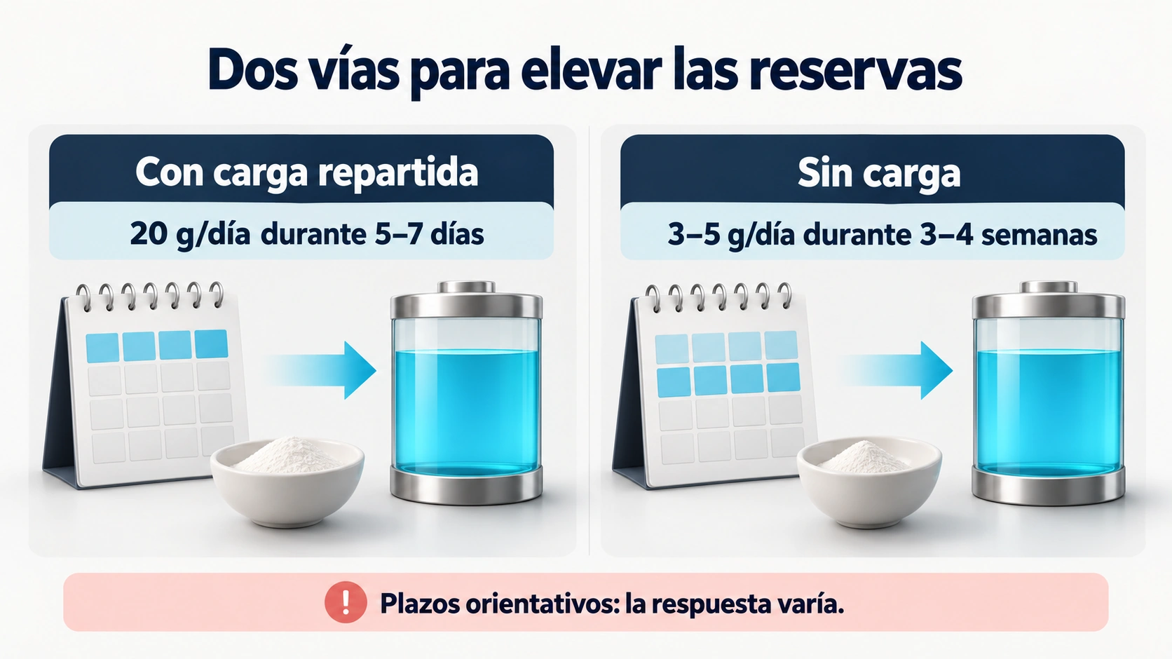 La carga repartida eleva las reservas más rápido; una pauta diaria sin carga lo hace de forma gradual, con plazos orientativos.