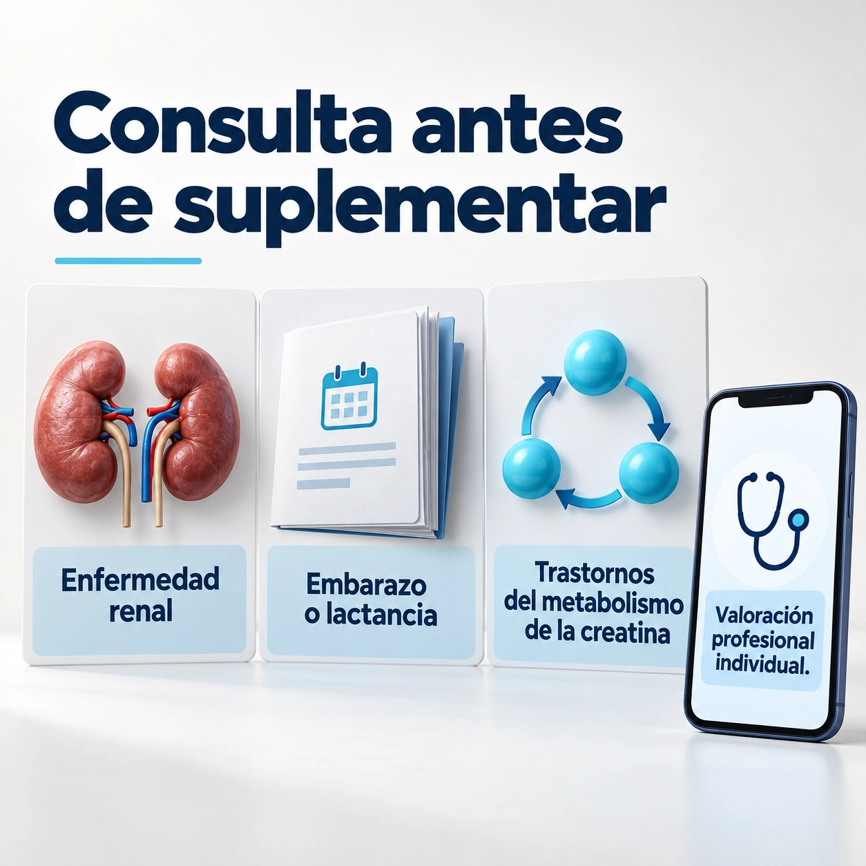 Enfermedad renal, embarazo, lactancia y trastornos del metabolismo de creatina requieren valoración profesional individual.