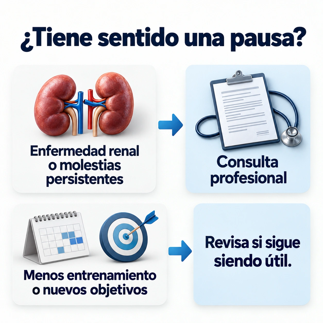 La decisión de pausar creatina depende del contexto clínico, de la actividad y de los objetivos, con consulta ante enfermedad renal o molestias persistentes.