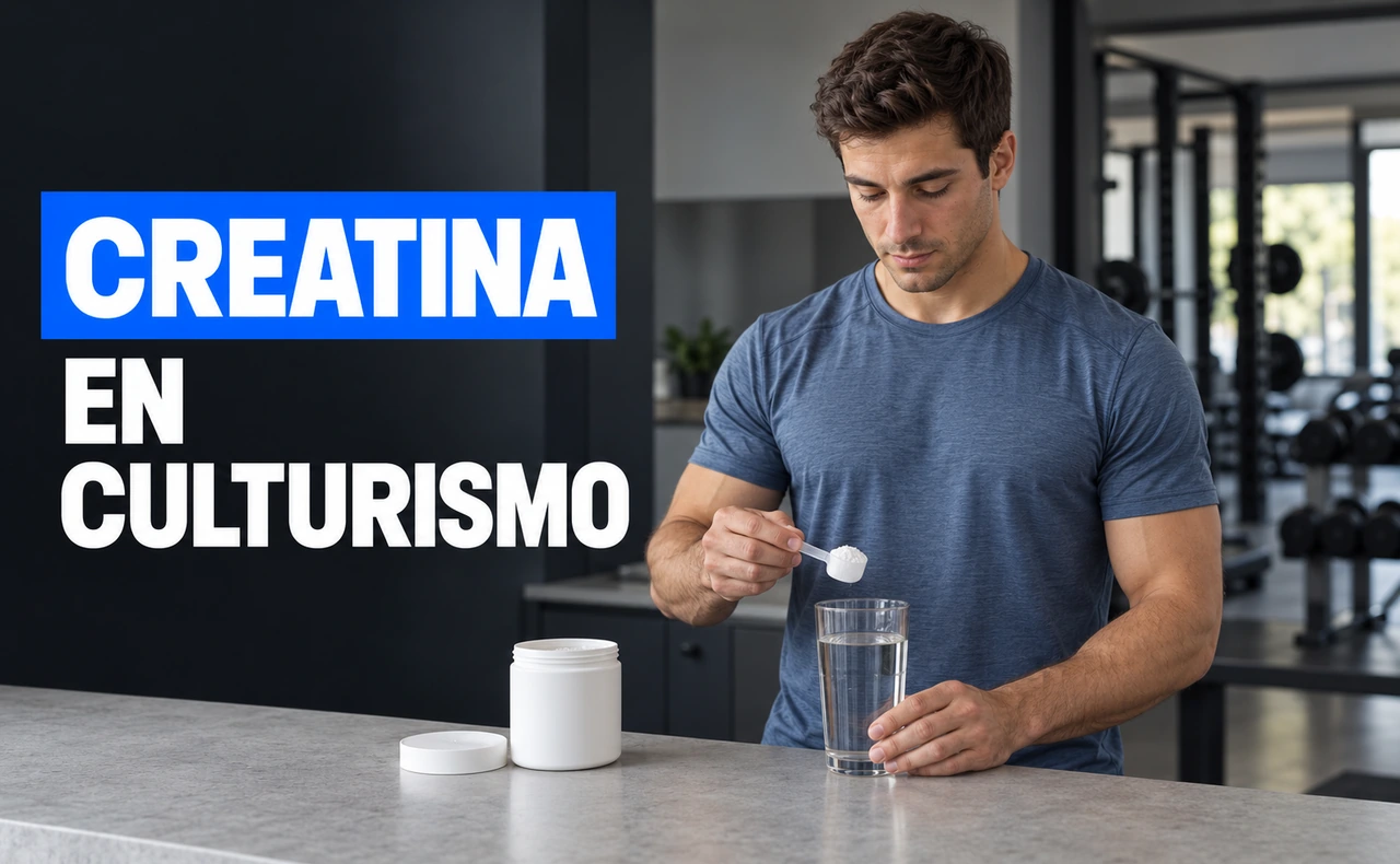Hombre joven y atlético preparando una pequeña cucharada de suplemento junto a un vaso de agua, con el titular «Creatina en culturismo».