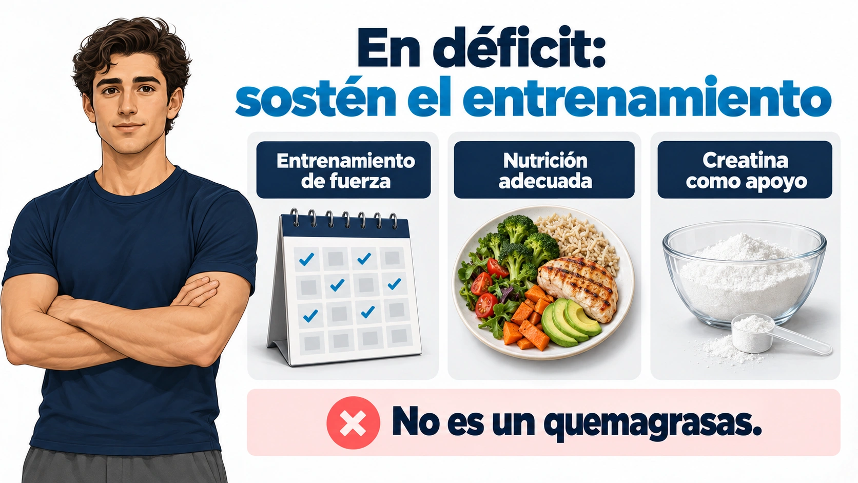 Durante un déficit calórico, la creatina puede acompañar al entrenamiento; la fuerza y una nutrición adecuada siguen siendo centrales.