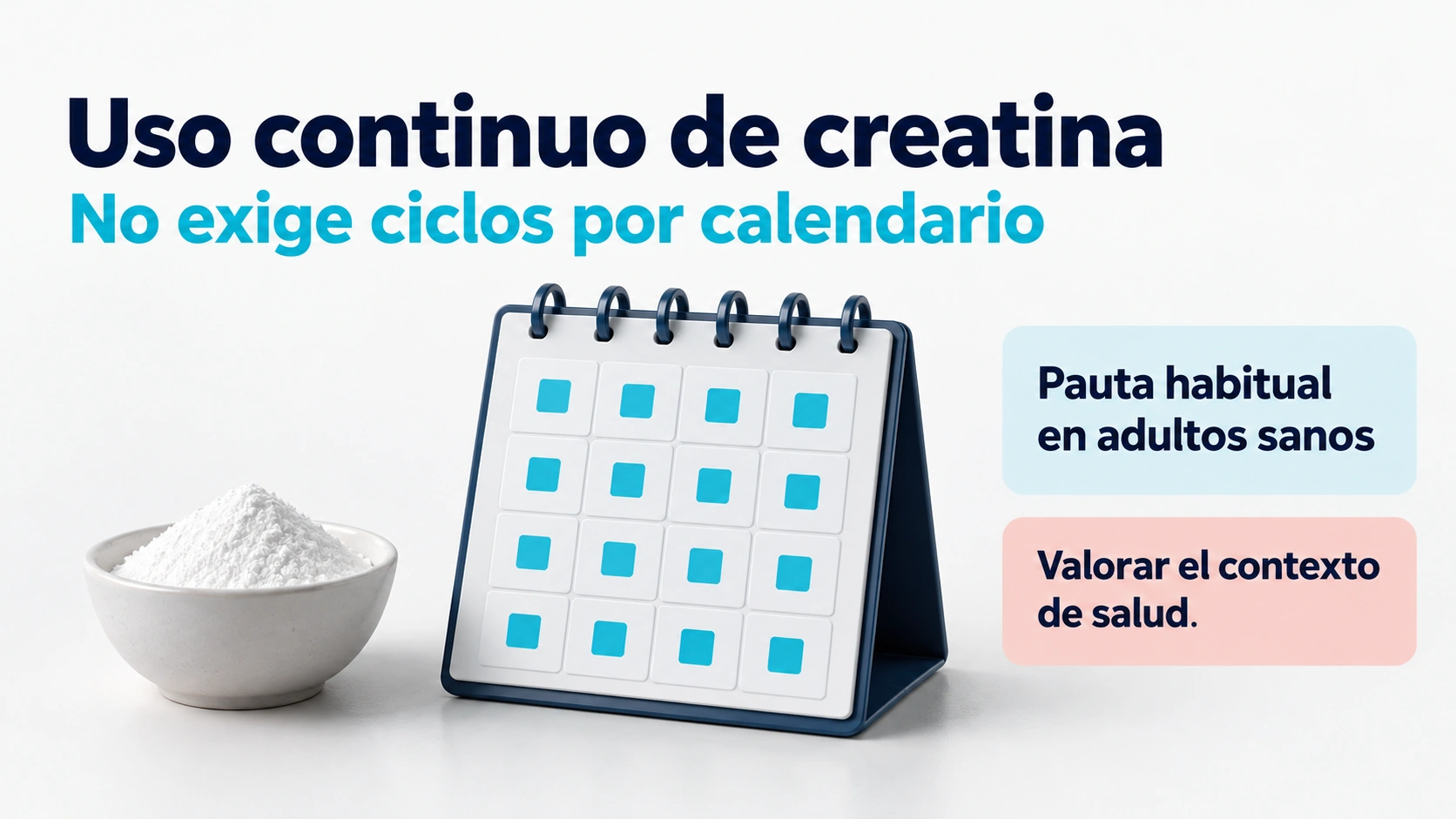 El uso habitual de creatina en adultos sanos no requiere ciclos fijados por calendario.