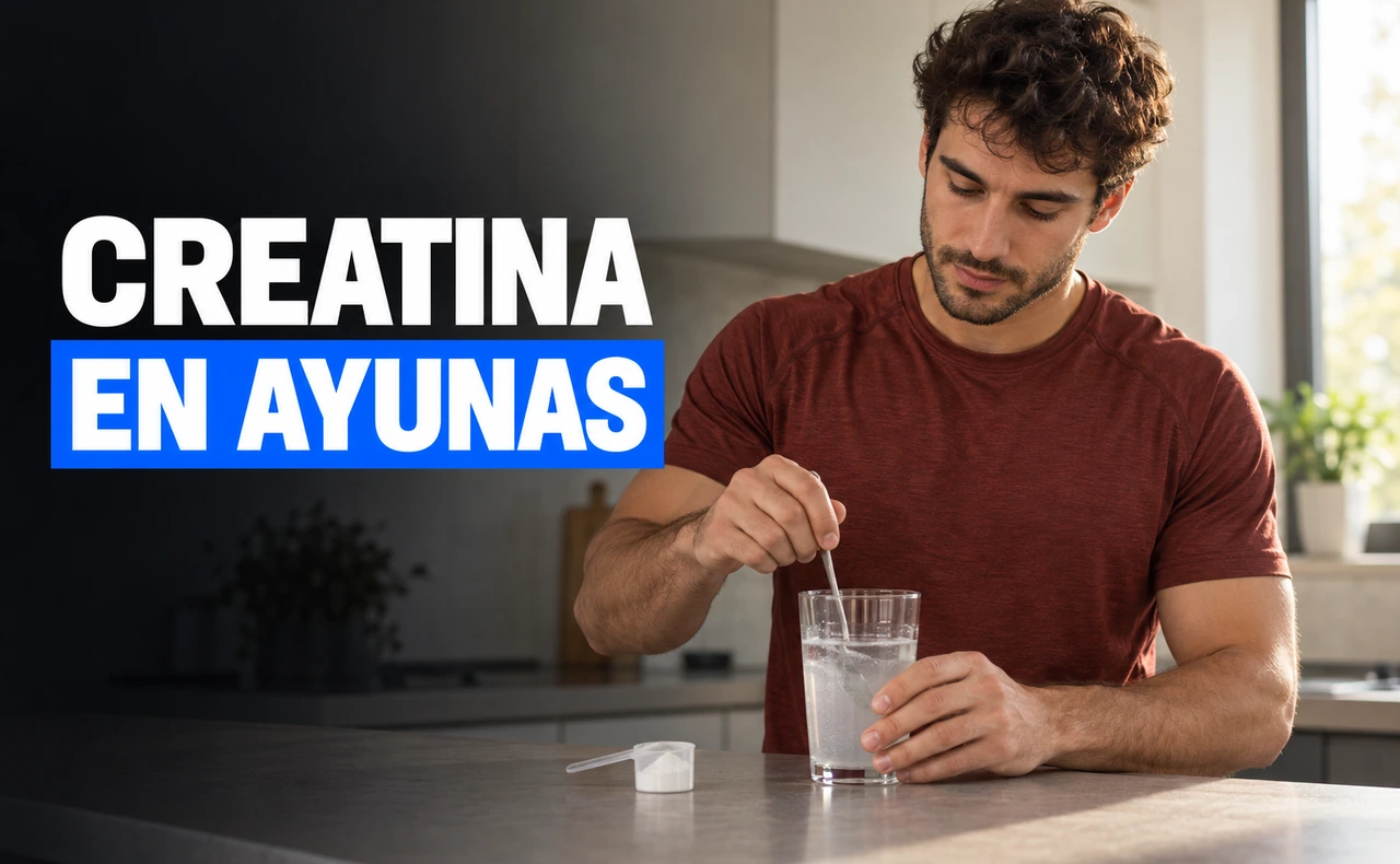 Deportista joven removiendo un vaso de agua con una cucharilla, junto a un cacito de suplemento, con el titular «Creatina en ayunas».