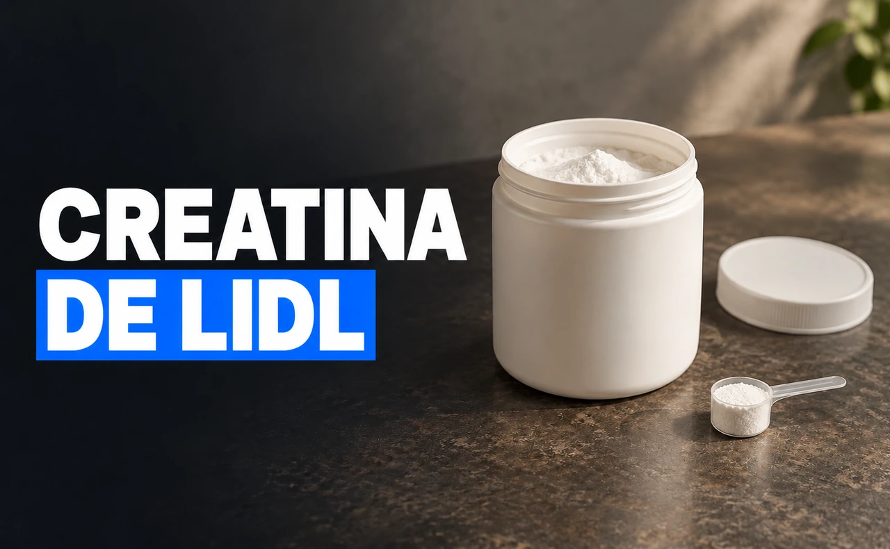 Bote neutro abierto con polvo blanco y un pequeño dosificador sobre una mesa, junto al titular «Creatina de Lidl».