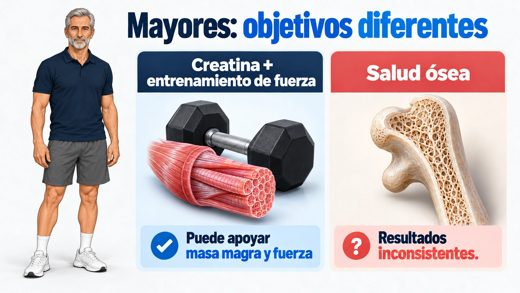 En personas mayores, la creatina junto con fuerza puede apoyar masa magra y fuerza; los resultados óseos son inconsistentes.