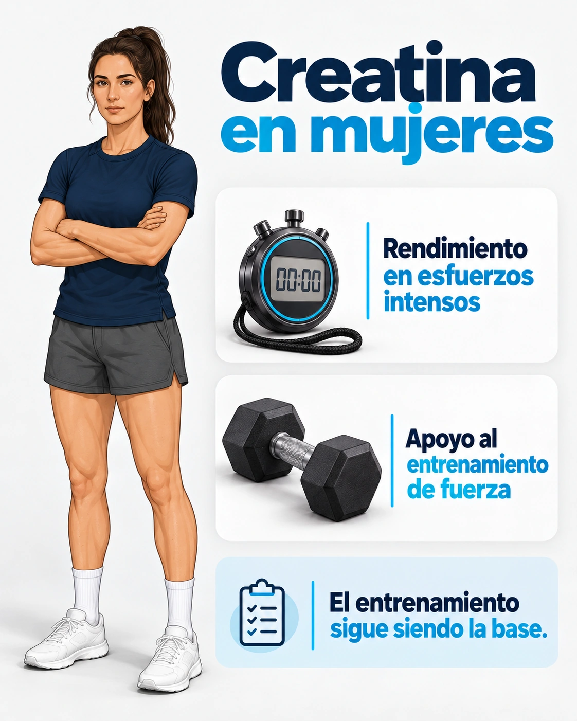 La creatina puede apoyar el rendimiento intenso y el entrenamiento de fuerza también en mujeres.