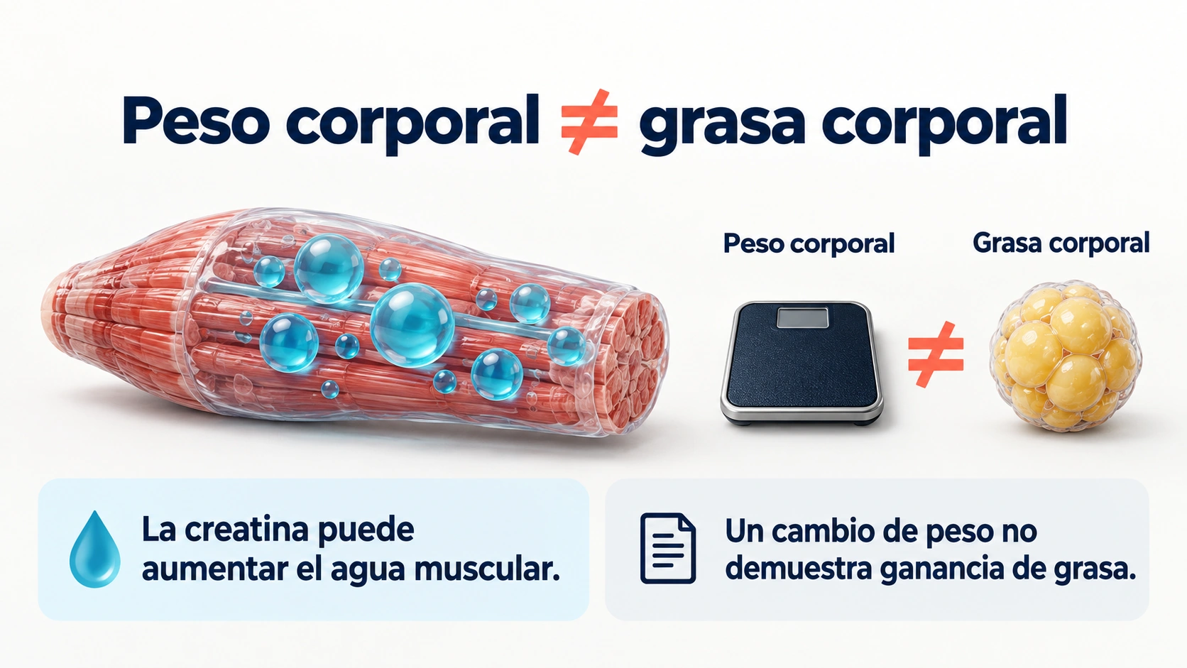 Un aumento de agua muscular al tomar creatina puede cambiar el peso sin demostrar una ganancia de grasa.