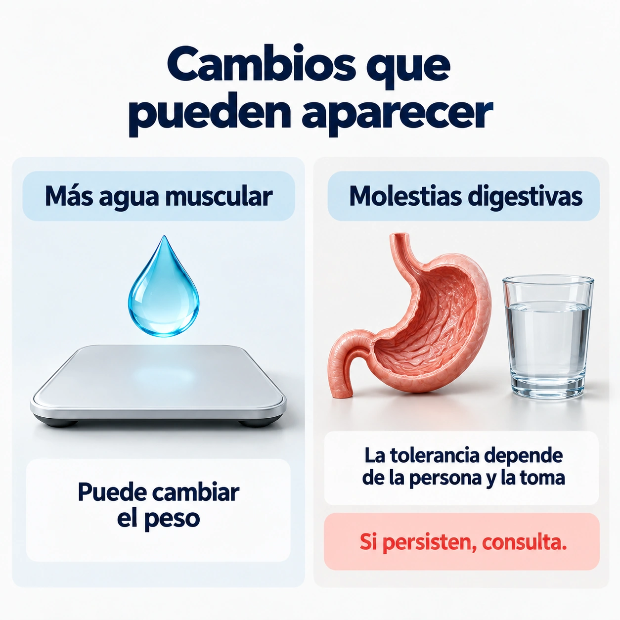 El agua muscular puede modificar el peso; las molestias digestivas requieren valorar tolerancia y forma de toma.