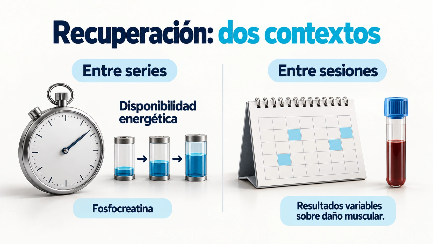 La recuperación energética entre series y los resultados sobre daño muscular entre sesiones son preguntas diferentes.