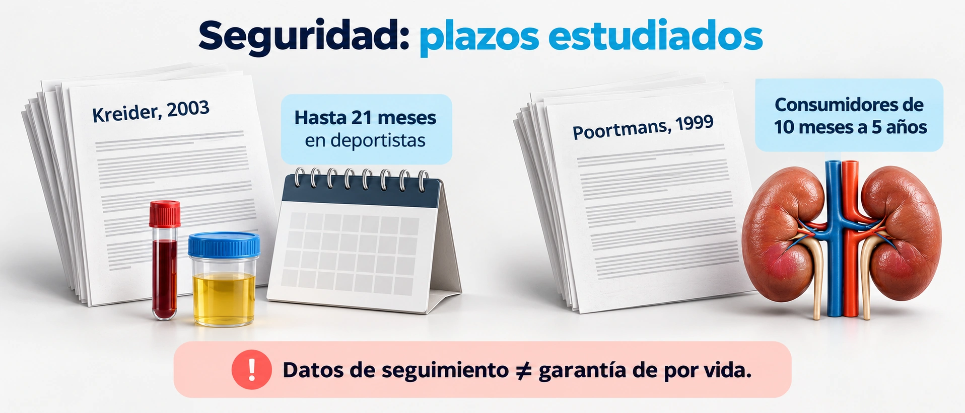 Los estudios citados evaluaron marcadores de salud hasta veintiún meses y función renal en consumidores de diez meses a cinco años.