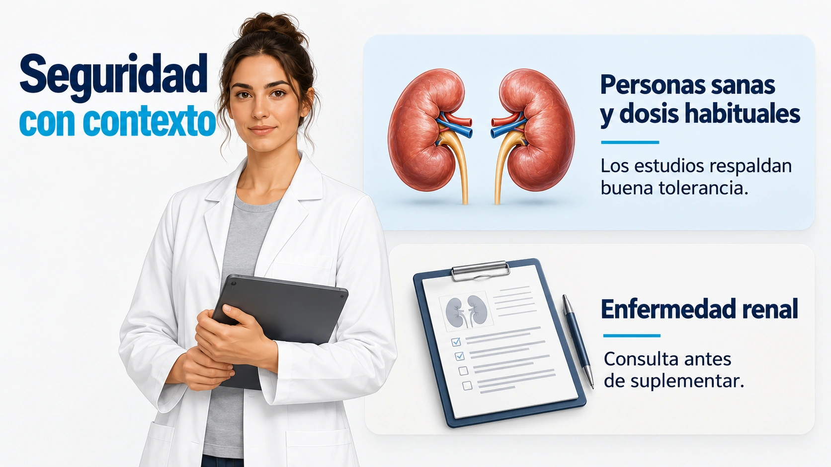 Los datos de buena tolerancia en personas sanas no sustituyen la valoración individual cuando existe enfermedad renal.