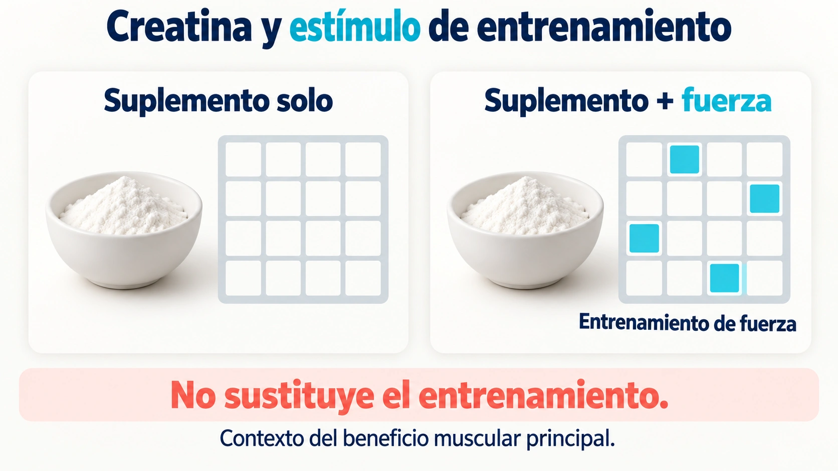 Para obtener el beneficio muscular principal, la creatina acompaña al entrenamiento de fuerza y no lo sustituye.