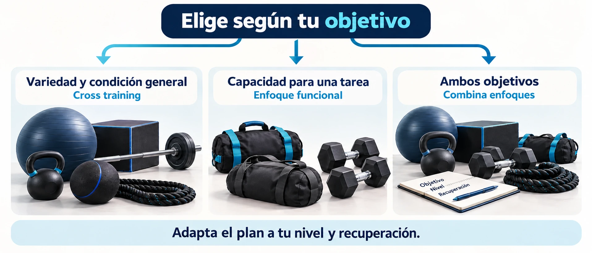 Elección entre cross training, enfoque funcional y combinación según objetivo, nivel y recuperación.
