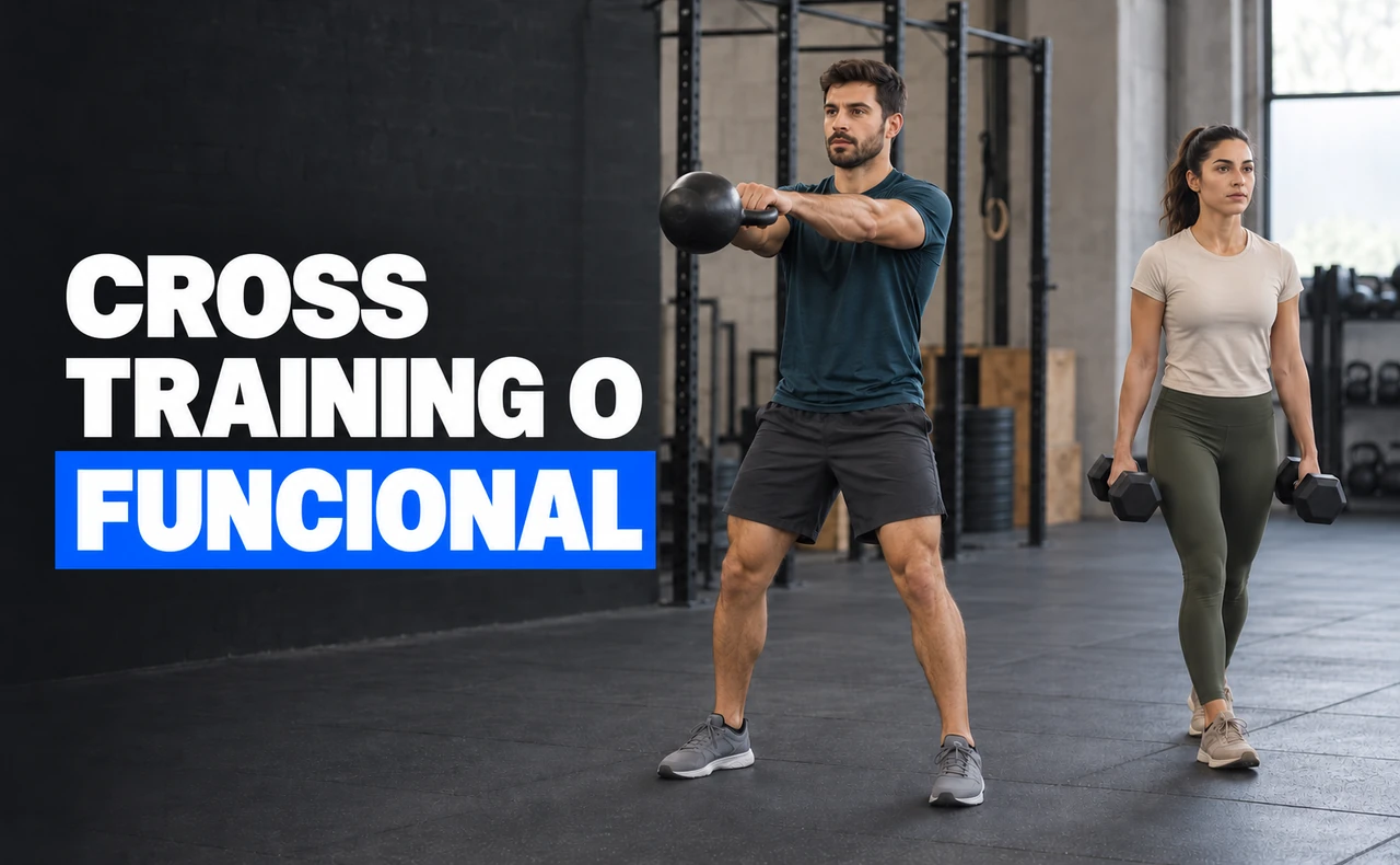 Dos deportistas jóvenes realizando un swing con kettlebell y un paseo del granjero con mancuernas en un gimnasio, con el titular «Cross training o funcional».