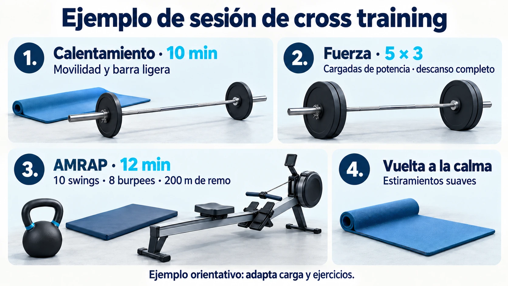 Sesión orientativa de cross training con calentamiento, cargadas de potencia, AMRAP y vuelta a la calma.