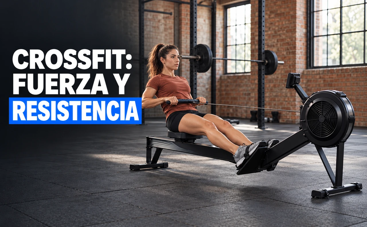 Deportista joven entrenando en una máquina de remo en un box con una barra al fondo, con el titular «CrossFit: fuerza y resistencia».