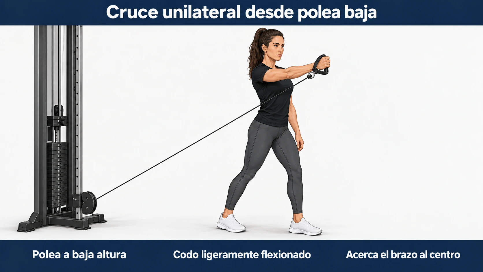 Cruce unilateral desde polea baja con cable tenso, codo ligeramente flexionado y postura estable.