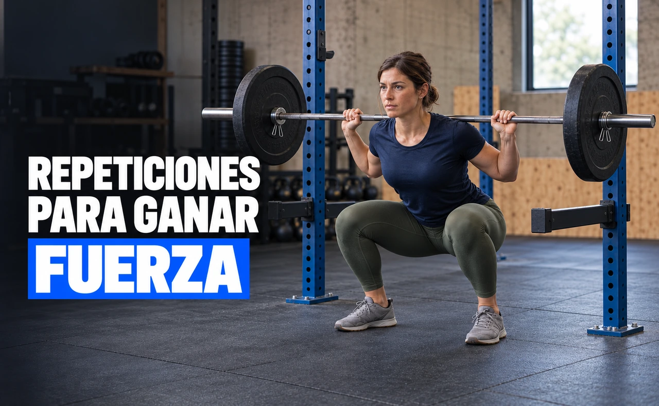 Mujer realizando una sentadilla con barra dentro de un rack, con los talones apoyados, junto al titular «Repeticiones para ganar fuerza».