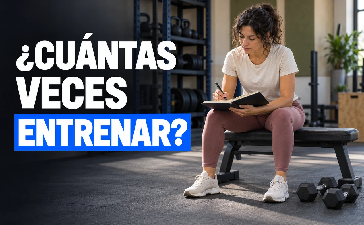 Mujer revisando un cuaderno de entrenamiento en un banco de gimnasio, con mancuernas a su lado y el titular «¿Cuántas veces entrenar?».