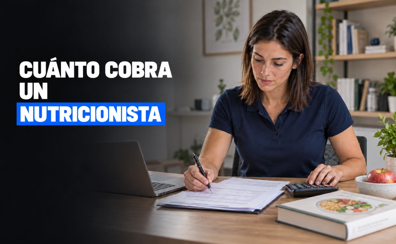 Joven con polo azul marino revisando documentos junto a un portátil, calculadora, libro de nutrición y una manzana en un despacho. Titular: «Cuánto cobra un nutricionista».