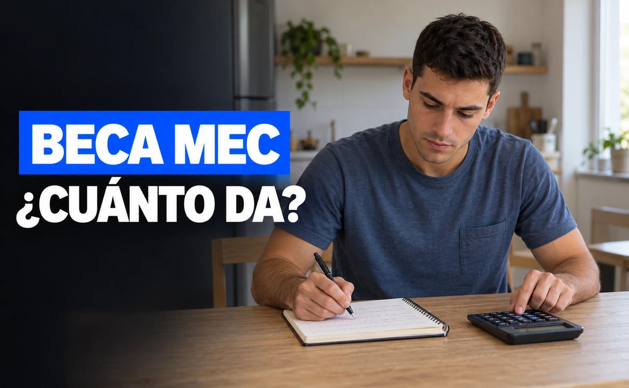 Estudiante joven revisando un cuaderno y utilizando una calculadora, junto al titular «Beca MEC: ¿cuánto da?».