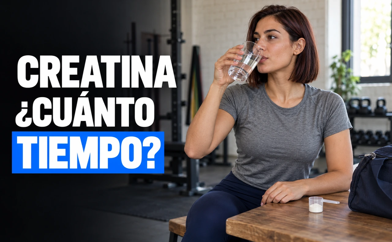 Deportista joven bebiendo agua en una sala de entrenamiento, junto a un cacito de suplemento y una bolsa deportiva, con el titular «Creatina ¿cuánto tiempo?».