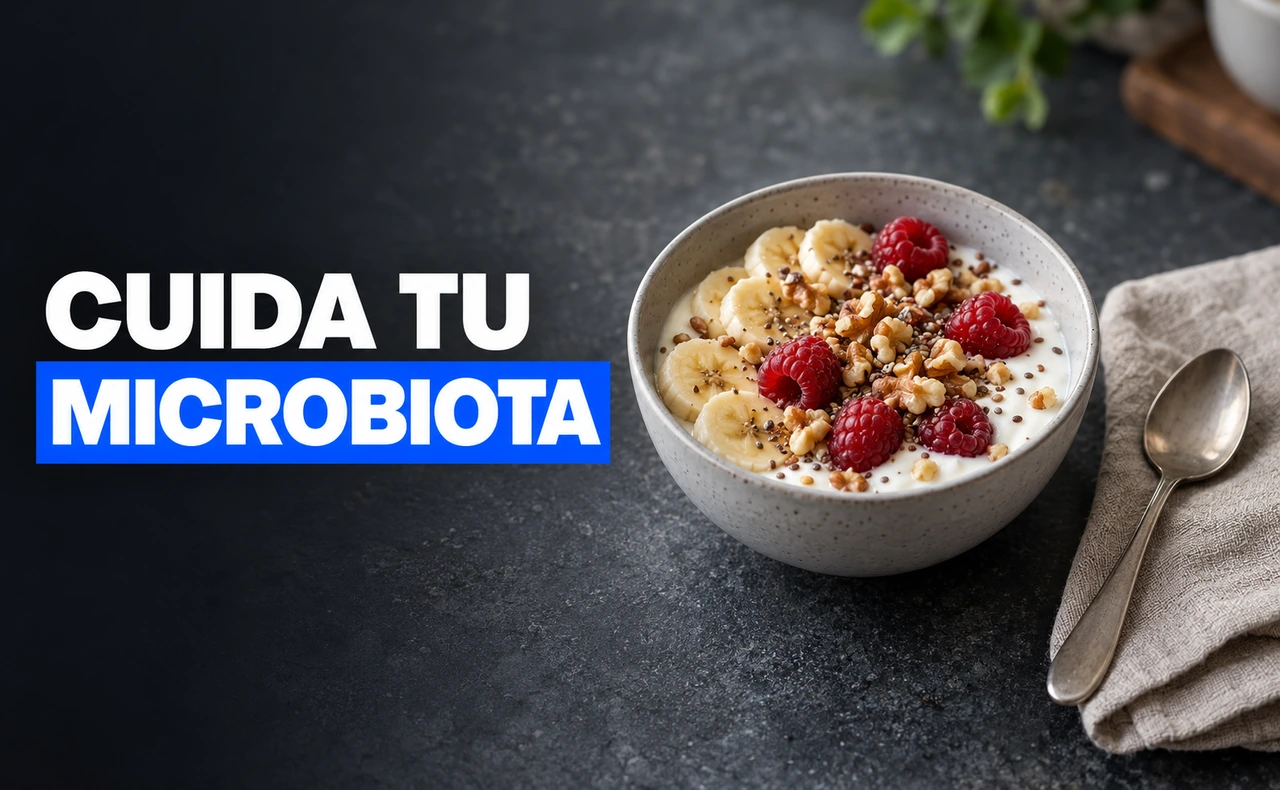 Cuenco de yogur con plátano, frambuesas, nueces y semillas sobre una mesa, junto al titular «Cuida tu microbiota».
