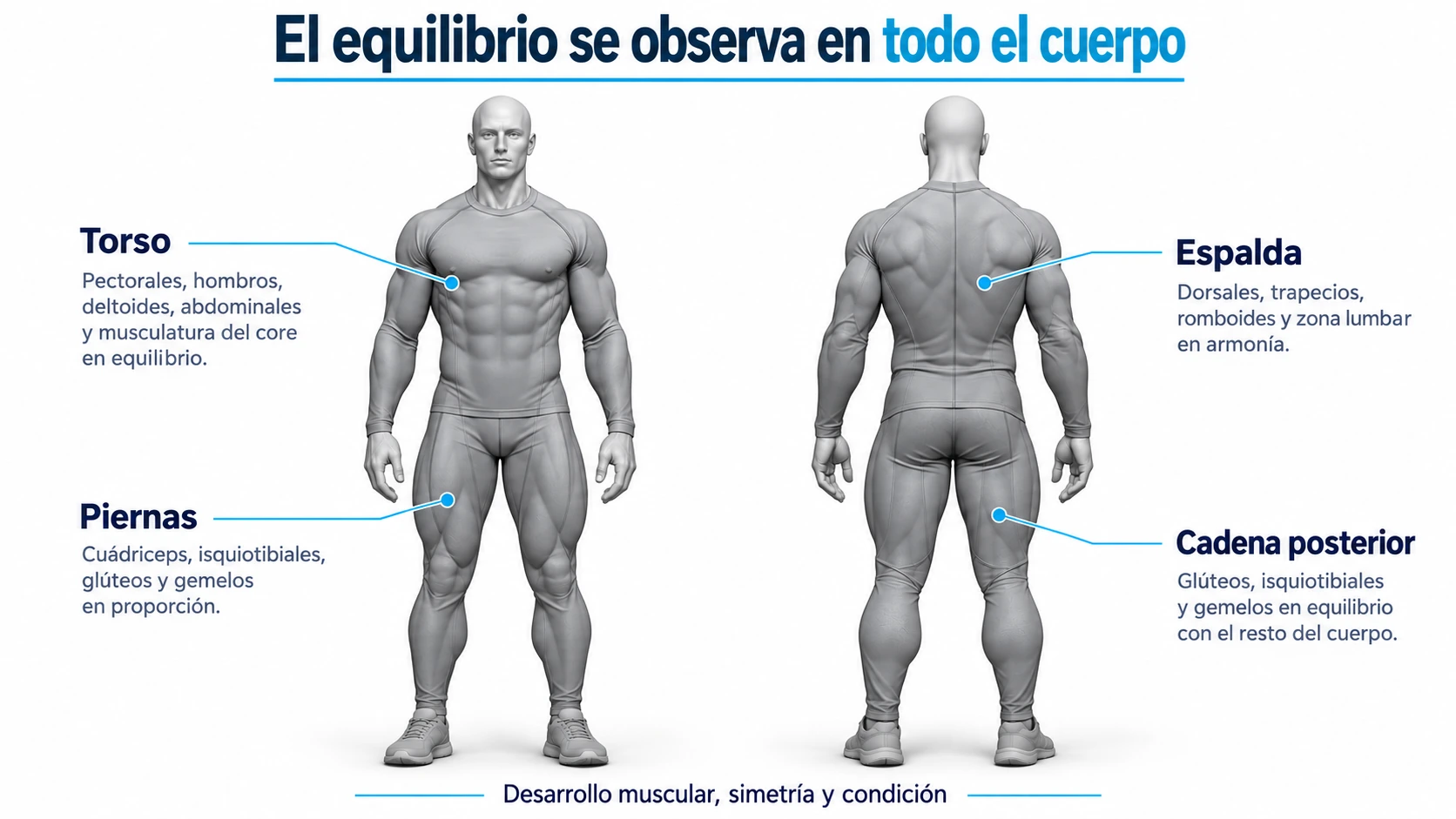 Vistas frontal y posterior del modelo anatómico para comparar torso, piernas, espalda y cadena posterior
