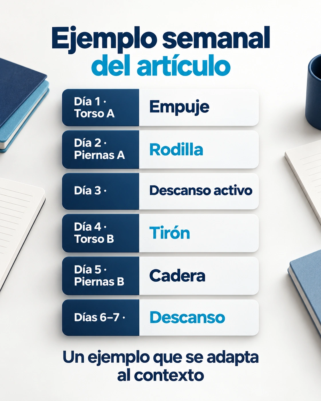 El ejemplo reparte torso de empuje, piernas de rodilla, descanso, torso de tirón y piernas de cadera a lo largo de la semana