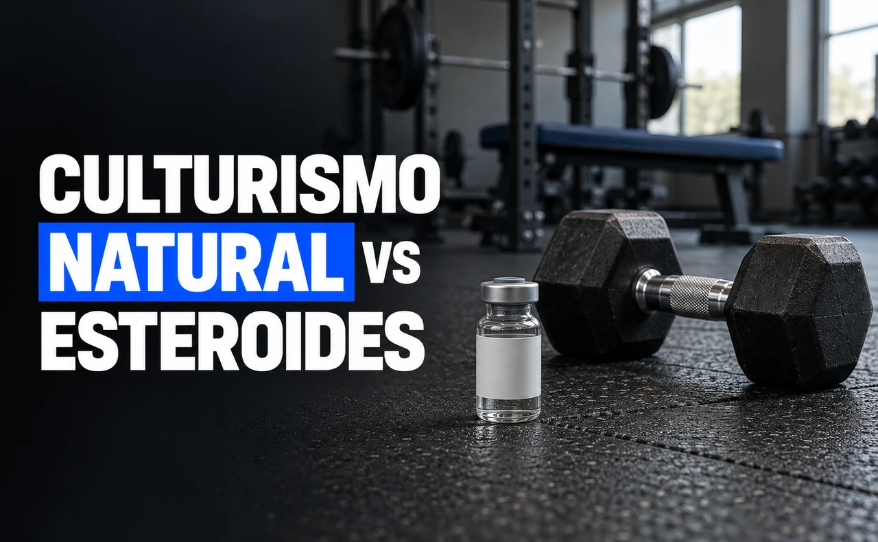 Vial genérico cerrado y mancuerna sobre el suelo de un gimnasio. Titular: «Culturismo natural vs esteroides».