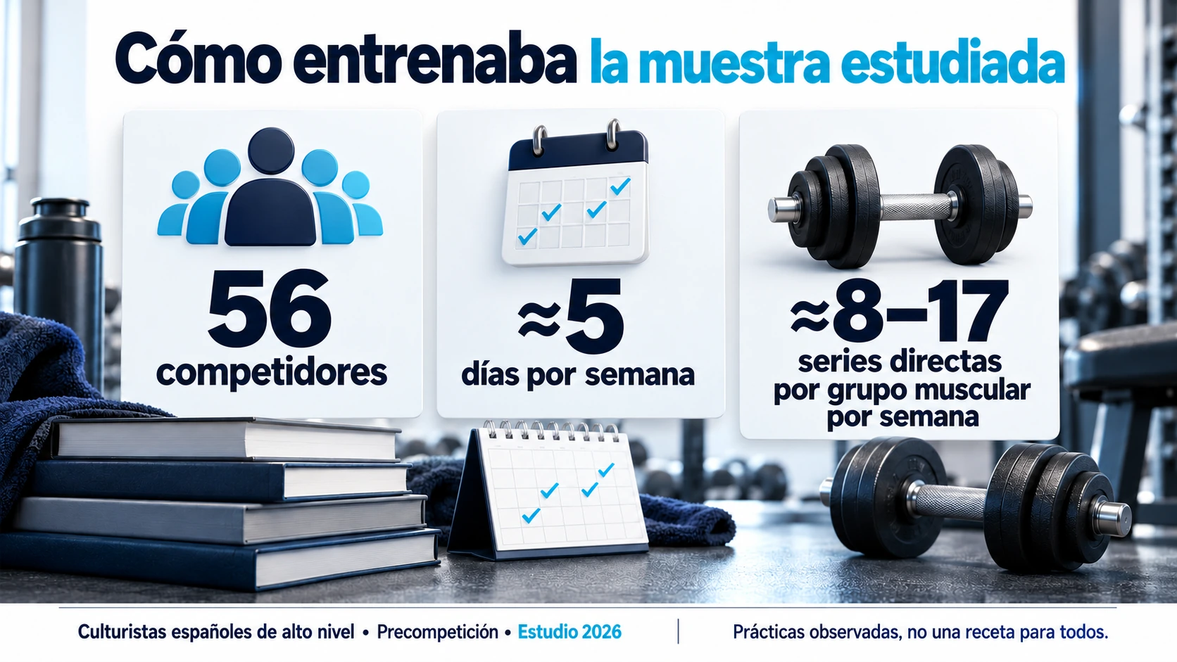 Datos de 56 culturistas españoles: alrededor de cinco días de entrenamiento y entre ocho y diecisiete series directas por grupo muscular por semana