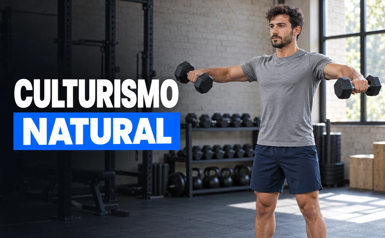 Deportista joven realizando elevaciones laterales con dos mancuernas en un gimnasio, junto al titular «Culturismo natural».