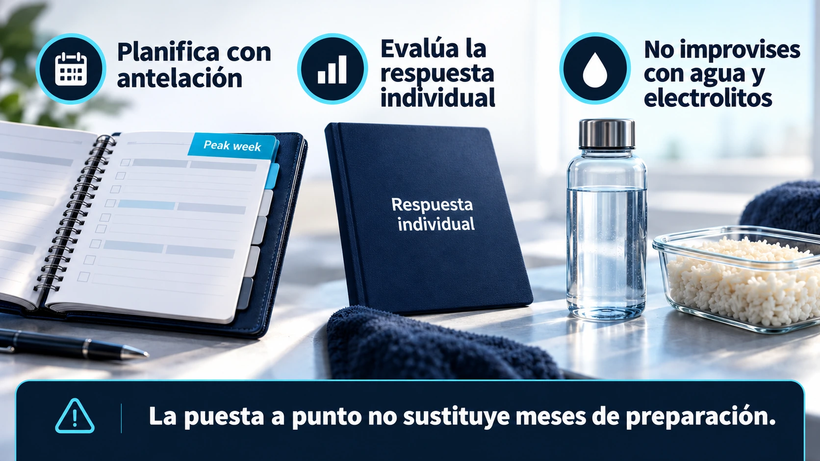 Agenda de preparación, agua y alimentos para explicar la planificación individual de la peak week