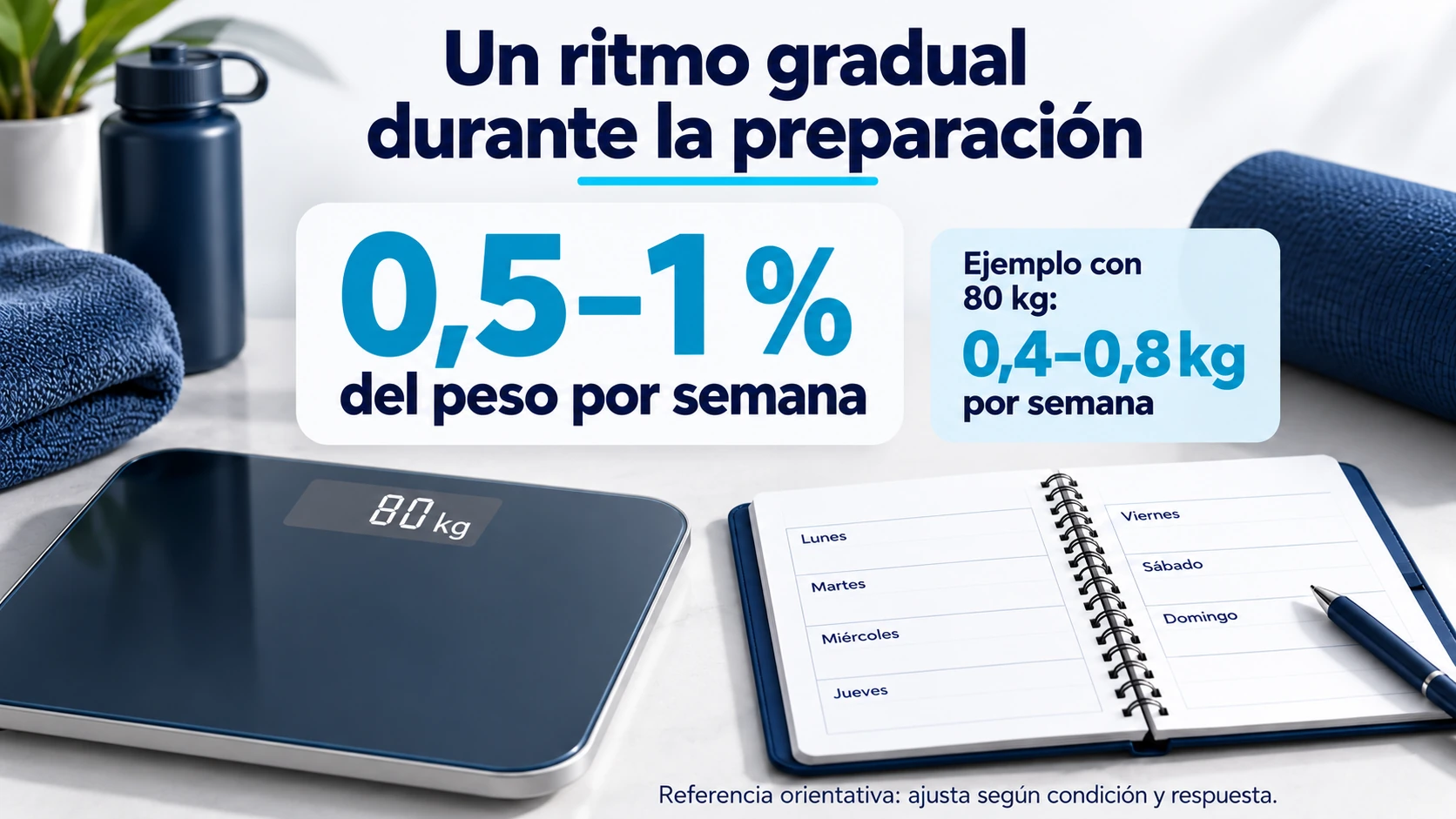 Referencia orientativa de pérdida semanal del 0,5 al 1 por ciento del peso y ejemplo para una persona de 80 kg