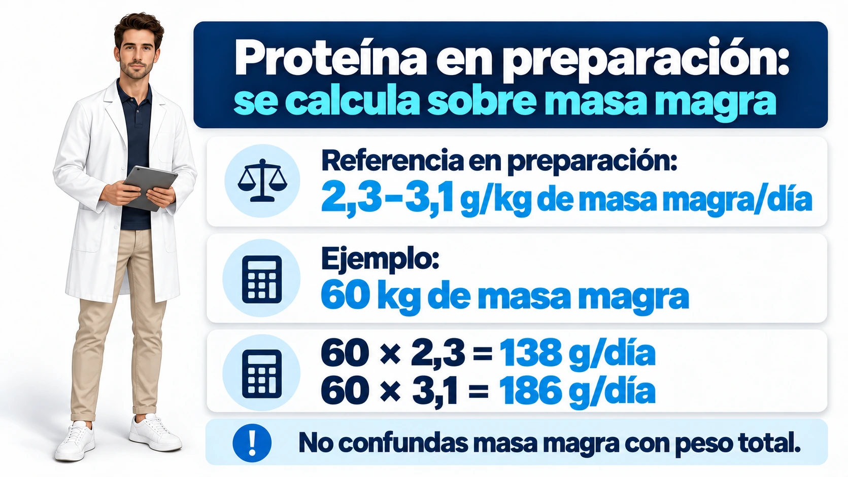 Ejemplo del cálculo de proteína sobre 60 kg de masa magra: de 138 a 186 gramos al día
