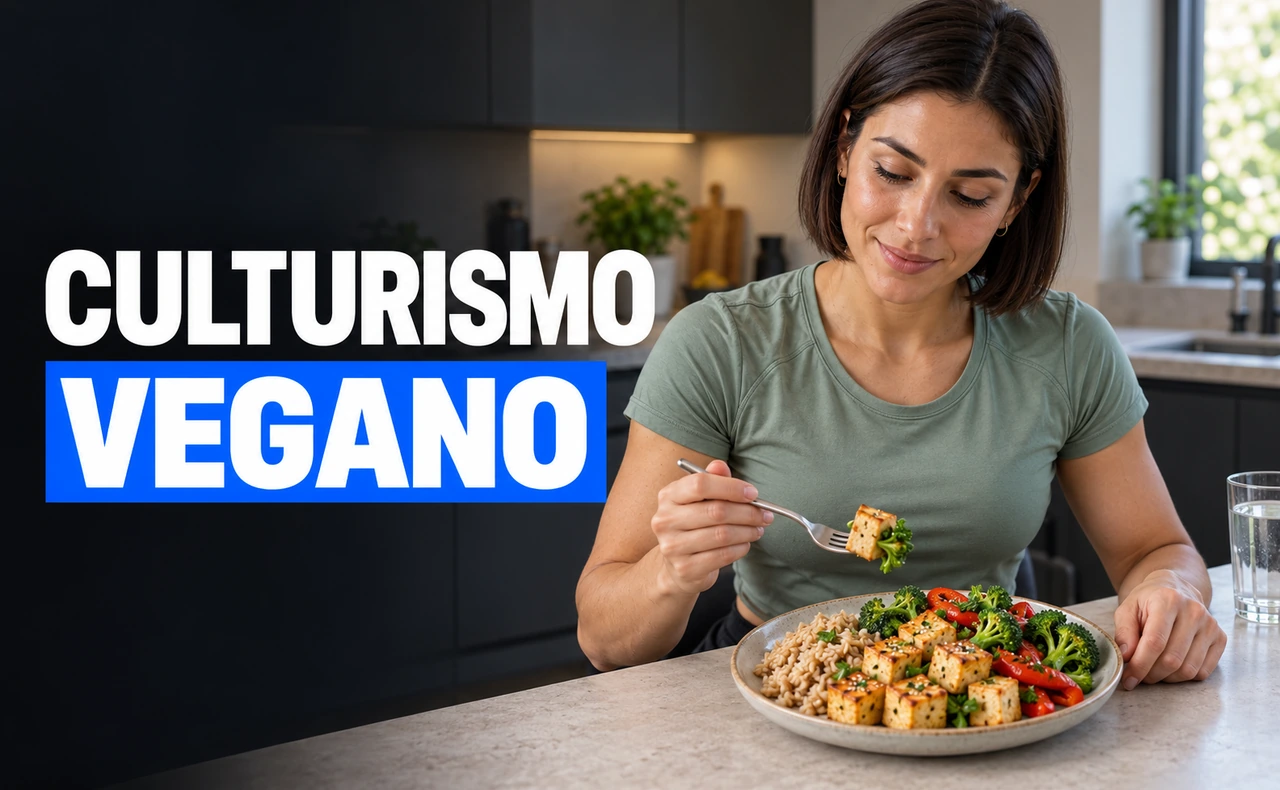 Joven atlética con camiseta verde ante un plato de tofu, arroz integral, brócoli y pimiento, sosteniendo un tenedor en una cocina. Titular: «Culturismo vegano».